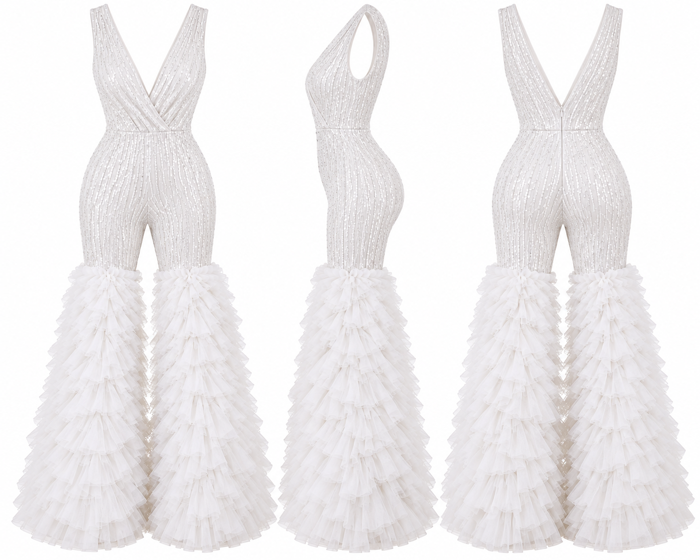 White sequin jumpsuit with ruffled tulle bell-bottom legs, shown from the front, side and back