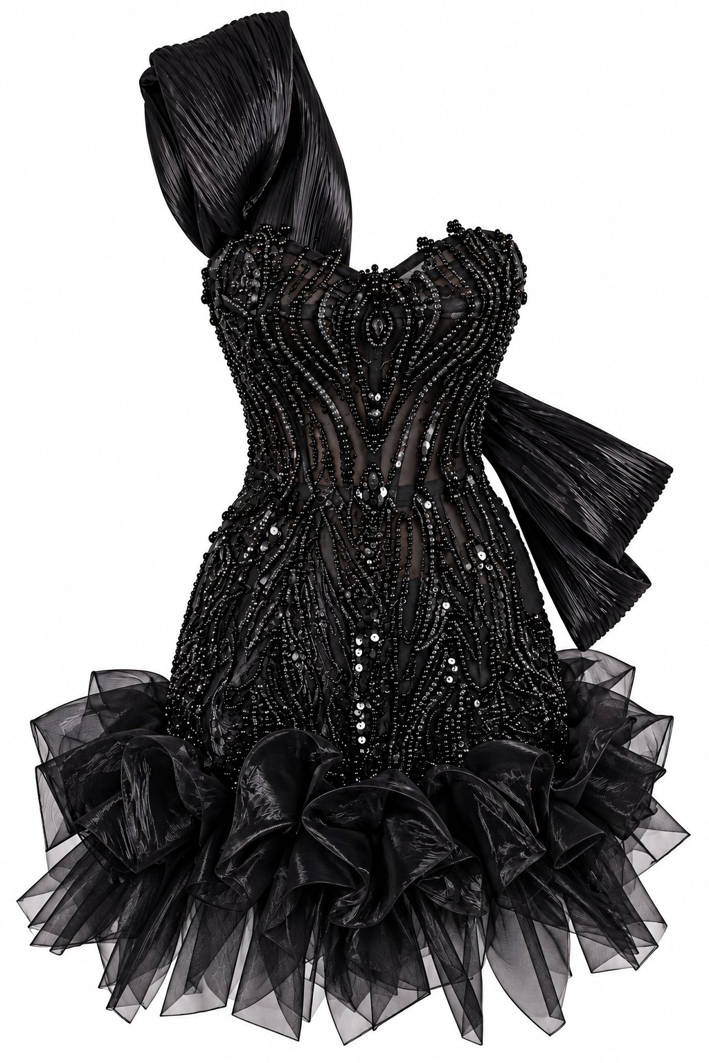 Black beaded mini dress with an asymmetric one-shoulder pleat and an organza ruffle hem