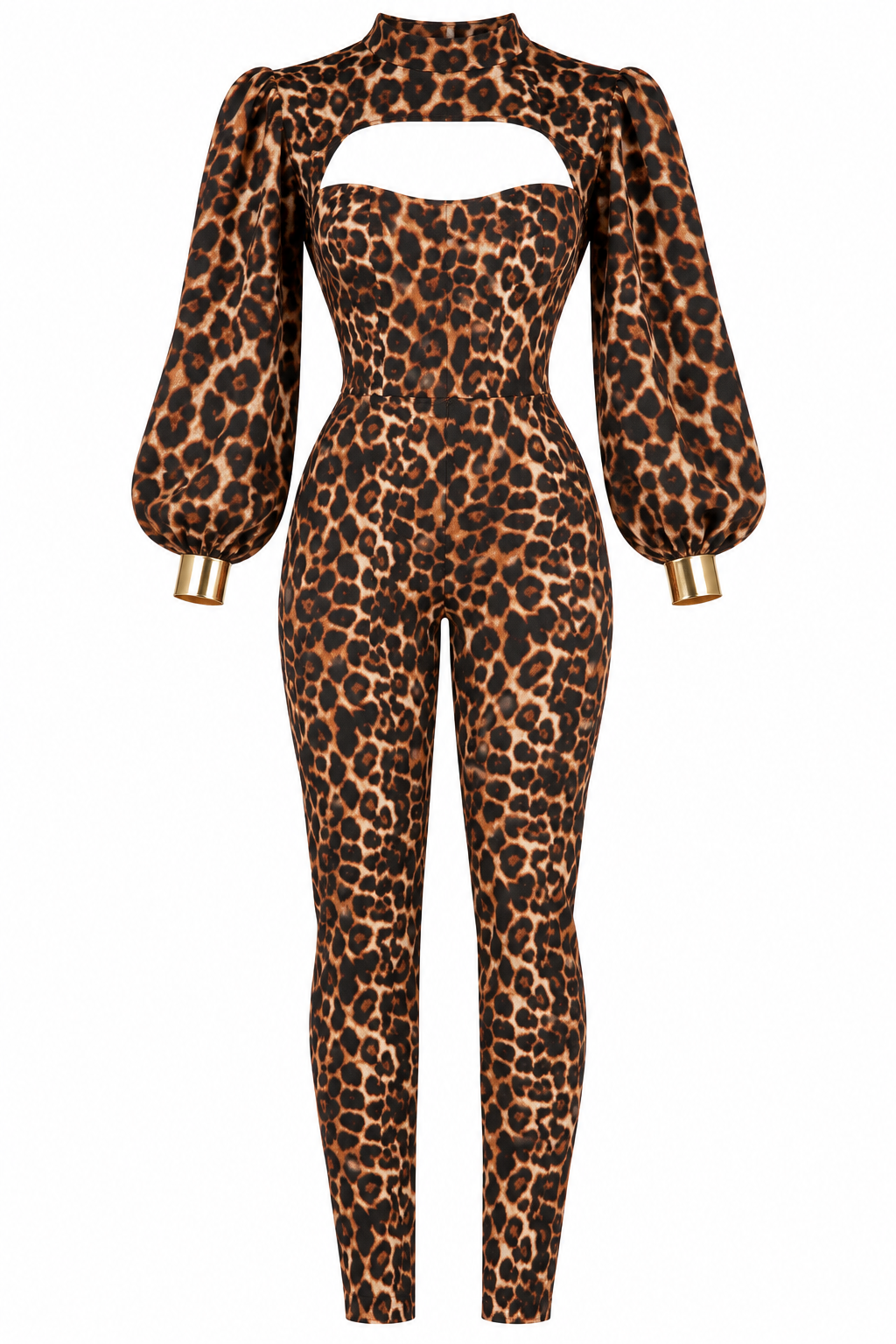 Leopard print jumpsuit with balloon sleeves and gold cuffs