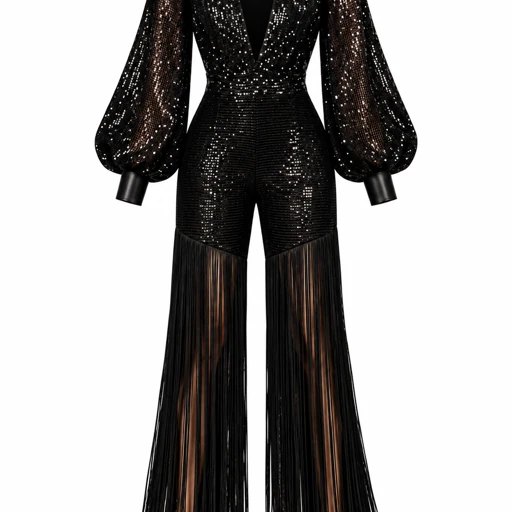 Black sequin jumpsuit with balloon sleeves and a floor-length strand fringe hem, shown from the front on a white background