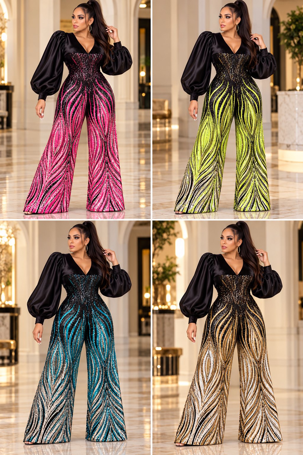 Model in a black satin puff-sleeve jumpsuit with a sequin flame print, shown in fuchsia, neon yellow, turquoise and gold colourways