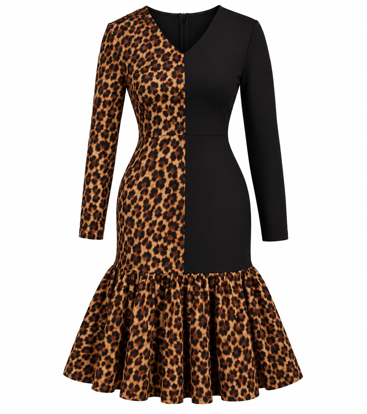 Half leopard print, half black mermaid dress with long sleeves and a ruffled hem